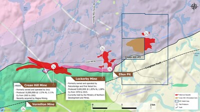 Figure 2: Aerial plan map of the West Graham area showing the relative locations of the historic Crean Hill 3, West Graham and Lockerby East resources. Addition current and historic mineralized zones including the Crean Hill Mine (current and historic), Lockerby Mine (historic) and the Ellen Pit (historic) are also shown. (CNW Group/SPC Nickel Corp.)