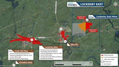 Figure 1: Aerial plan map of the Lockerby East area showing the relative location of the Crean Hill 3 Property to the Lockerby East Property. The surface projection of the West Graham Resouce is shown in red and the interpreted contiguous mineralized zone of the Crean Hill 3 Property is shown in orange. Addition Current and historic mineralized zones including the Crean Hill Mine (current and historic), Lockerby Mine (historic) and the Ellen Pit (historic) are also shown. Refer to Figure 3 for the A-A’ section line. (CNW Group/SPC Nickel Corp.)