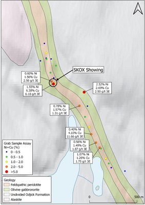 Figure 2: Geological plan map of the SKOX/Marceau Lake Area showing the location of samples collected in 2022. Samples are scaled and colored based on Ni+Cu% grade. PGM vales are presented as Pt+Pd+Au g/t. (CNW Group/SPC Nickel Corp.)