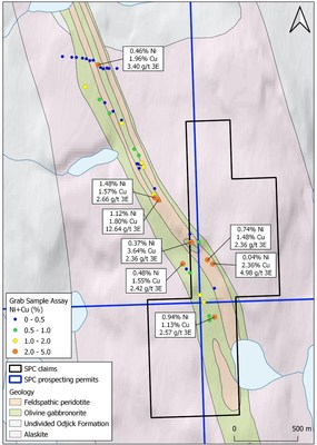 Figure 3: Geological plan map of the Spider Lake Area showing the location of samples collected in 2022. Samples are scaled and colored based on Ni+Cu% grade. PGM vales are presented as Pt+Pd+Au g/t. (CNW Group/SPC Nickel Corp.)