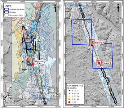 Figure 1: Geological plan map of the Muskox Intrusion showing the Company property position, sample locations and detailed figure locations. The image on the right is a continuation of the image on the left. (CNW Group/SPC Nickel Corp.)