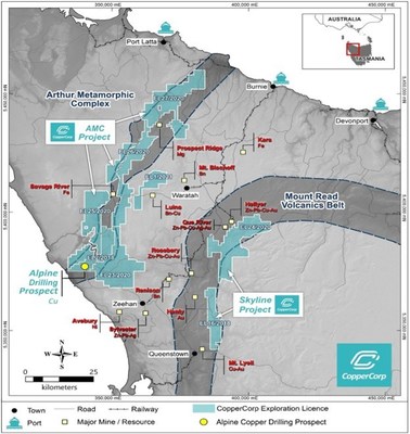 Figure 9. Location plan showing CopperCorp’s exploration licenses and project areas in western Tasmania, Australia. (CNW Group/CopperCorp Resources Inc.)