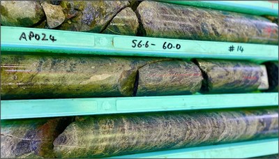 Figure 7. Example of banded massive to semi-massive magnetite-sulphide IOCG style mineralization, AP024. (CNW Group/CopperCorp Resources Inc.)