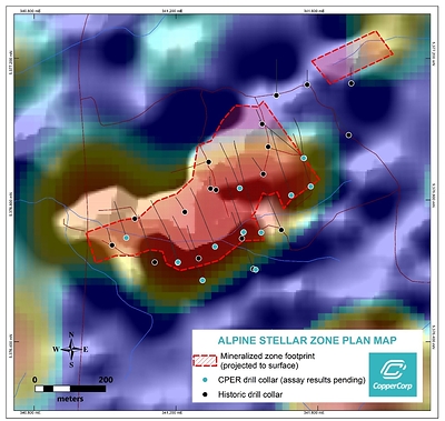 Figure 3. Plan map of the Alpine Stellar Zone showing completed drillholes and the drilling-defined mineralization footprint.  Background imagery comprises greyscale first-vertical-derivative (1VD) magnetics overlain by semi-transparent psuedocolour inversion gravity model slice grid at 250m depth (below surface). (CNW Group/CopperCorp Resources Inc.)