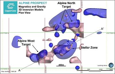 Figure 1. Plan map showing gravity (pink) and magnetics (blue) inversion model shells, Alpine Prospect. (CNW Group/CopperCorp Resources Inc.)