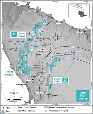 Figure 1.  Location plan showing CopperCorp’s exploration licenses and project areas in western Tasmania, Australia. (CNW Group/CopperCorp Resources Inc.)