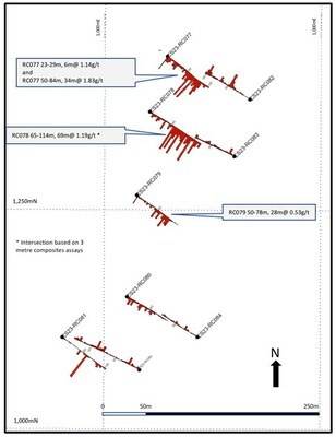 Figure 2  Plan view of drilling at the Sina Yar target showing a downhole gold grade histogram (CNW Group/DFR Gold Inc. (formerly Diamond Fields Resources Inc.))