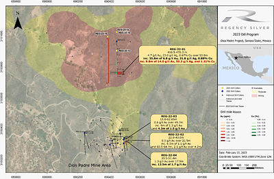 Figure 1: Plan map showing the 2022 drill results with the 2023 completed and ongoing drill hole collars. (CNW Group/Regency Silver Corp)