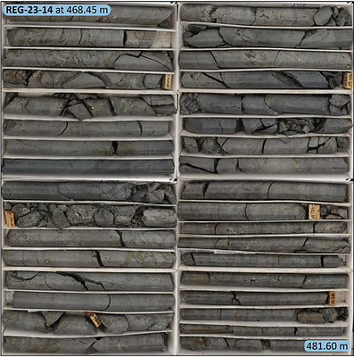 Figure 2b: REG-23-14 - Mineralized pyrite-specularite-chalcopyrite breccia from 468.45m-481.6. (CNW Group/Regency Silver Corp)