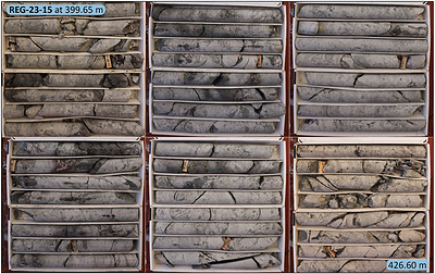 Figure 3a: REG-23-15 - Mineralized specularite-pyrite-chalcopyrite breccia from 468.45m-481.6. (CNW Group/Regency Silver Corp)