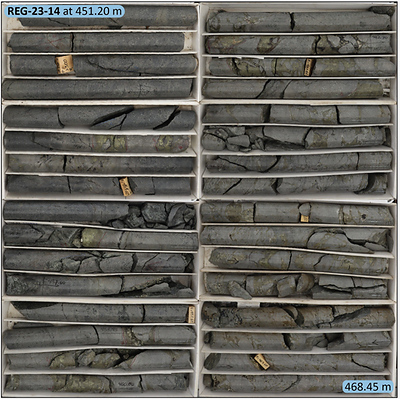 Figure 2a: REG-23-14 - Mineralized pyrite-specularite-chalcopyrite breccia from 451.2m – 468.45m. (CNW Group/Regency Silver Corp)