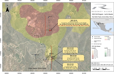 Figure 1. Plan Map showing all Regency drilling and new 2022 assay results for gold (red) and copper (green). Background is the IP anomaly which extends over 1 km. Highlights for the best gold intersections are labelled on the map. (CNW Group/Regency Silver Corp)