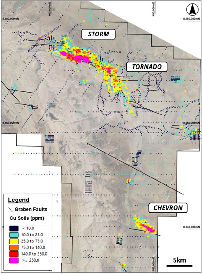 Figure 3: Regional soil sampling program showing maximum copper values, overlaying regional topographic map.