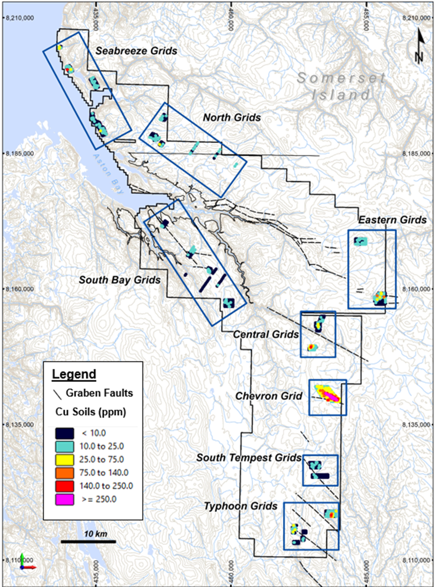 Figure 2: Regional soil sampling program sample locations overlaying regional topographic map. The green polygon shows the additional claim area under application.
