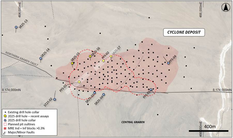 Figure 6: Drill hole locations from the 2025 geotechnical and resource drilling program included in this report, overlaying deposit MRE outlines and existing drilling, overlying aerial photography.