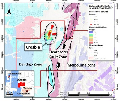 Figure 1. Map of the Silver Spoon Exploration Licence showing the location of the Crosbie gold anomaly. Historic sample data from Motton (2002). (CNW Group/Outback Goldfields Corp.)
