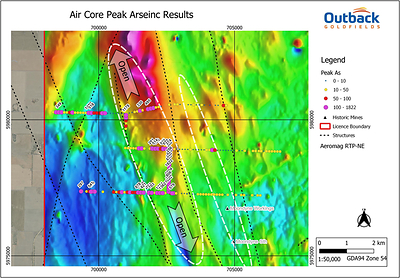 Figure 2 - Overview of drill results to date at the O’Connors zone, showing broad zones of highly anomalous arsenic. Note, only peak arsenic values above 250ppm are labelled. (CNW Group/Outback Goldfields Corp.)