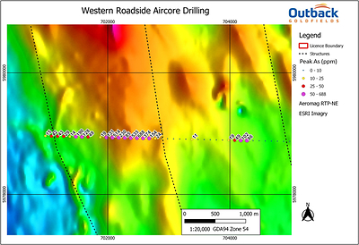 Figure 3 - Peak arsenic grades in air core drill chip samples demonstrate a strong zone of arsenic between splay faults off O'Connors Fault. (CNW Group/Outback Goldfields Corp.)
