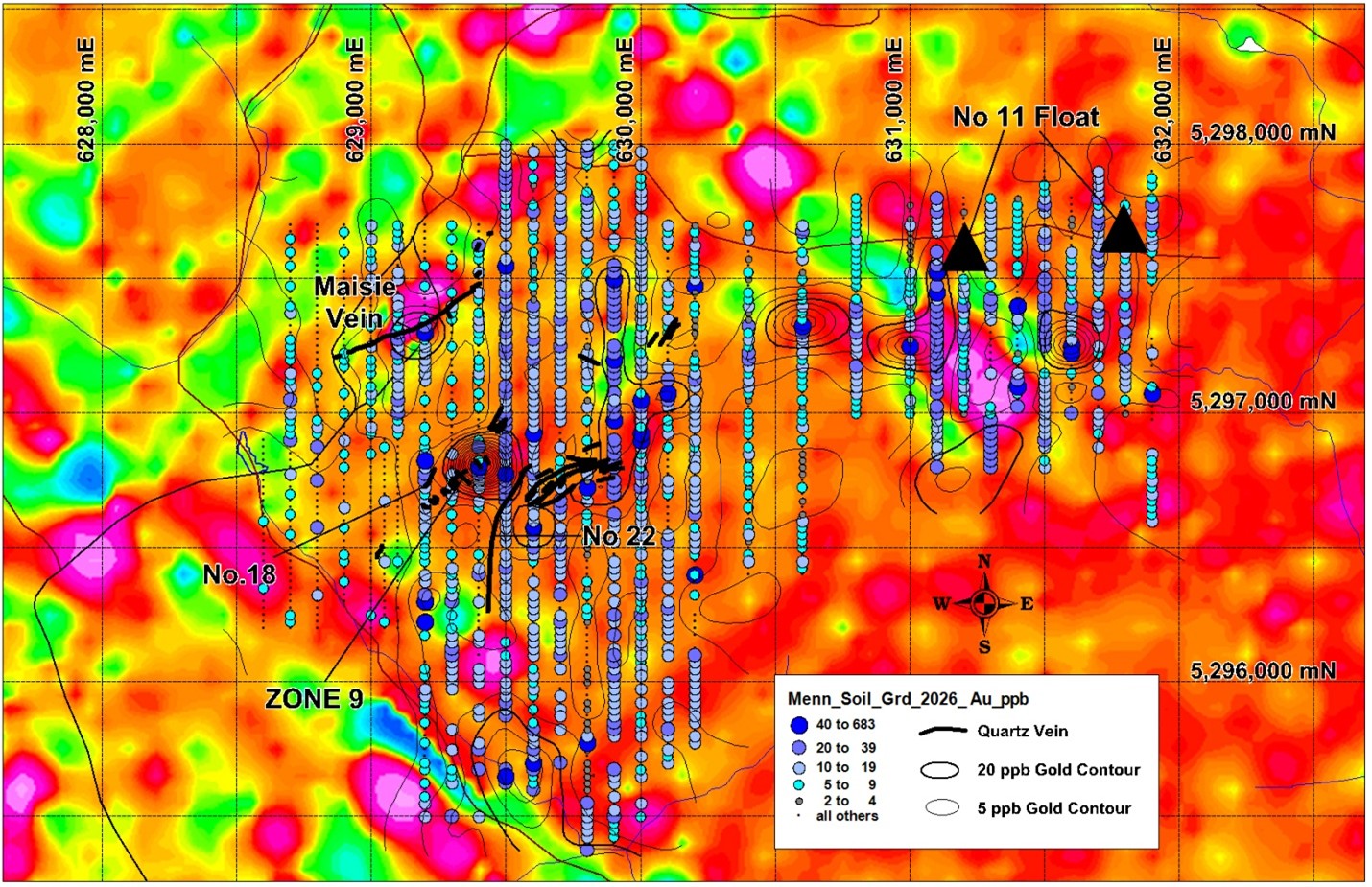 Figure 2: Menneval Soil Grid - Gold (ppb) - Calculated Vertical Derivative Airborne Magnetics