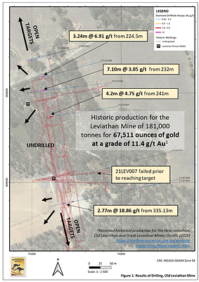 Figure 1:  Drill Plan and Selected Intervals, historic Leviathan Mine (CNW Group/Leviathan Gold Ltd)