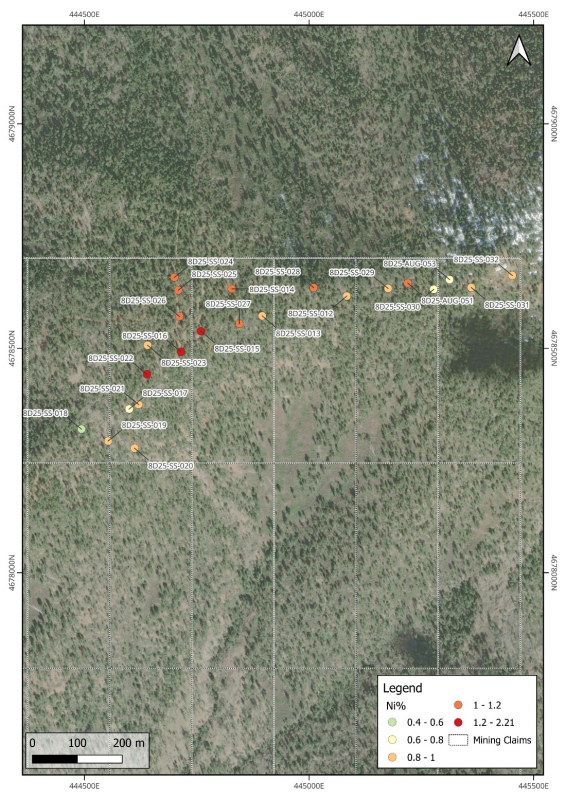 Figure
   



    1
   

    : Plan map of Eight Dollar
Mountain showing sample points and assay results for Ni % (coordinates
in WGS 84 / UTM Zone 10N).
