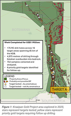 Figure 1: Kraaipan Gold Project area explored in 2025; stars represent targets tested; yellow stars represent priority gold targets requiring follow up drilling (CNW Group/North Arrow Minerals Inc.)