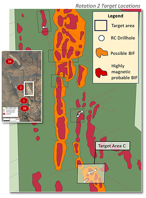 Rotation 2 target areas for the 2025 reverse circulation drilling program at the Kraaipan Gold Project. (CNW Group/North Arrow Minerals Inc.)