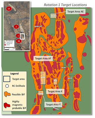 Target areas for Rotation 1 of the 2025 reverse circulation drilling program at the Kraaipan Gold Project, Botswana. (CNW Group/North Arrow Minerals Inc.)