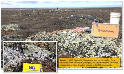 Image 1: MK3 Pegmatite (foreground and background) – New discovery from the MacKay Project, NT. Inset: example of coarse spodumene crystals found in outcrop at the MK3 pegmatite. (CNW Group/North Arrow Minerals Inc.)