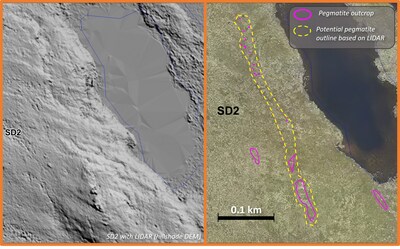 Inferred extent of the SD2 Pegmatite based on Lidar image, LDG Project, NWT (CNW Group/North Arrow Minerals Inc.)