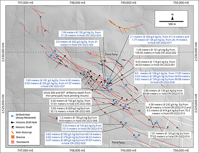 Figure 1: Map of El Cristo showing Zacatecas’ drill hole locations. Historical drill hole traces are also shown (black). The base of the map is a grey scale digital elevation model. Recently drilled holes traces with assay results received are shown in blue. (CNW Group/Zacatecas Silver Corp.)