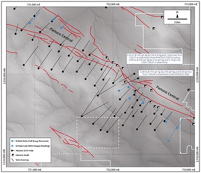 Figure 3: Map of the Panuco Central Vein showing Zacatecas’ drill hole locations. Historical drill hole traces are shown (black). The base of the map is a grey scale digital elevation model. New intercepts are shown in blue text. (CNW Group/Zacatecas Silver Corp.)