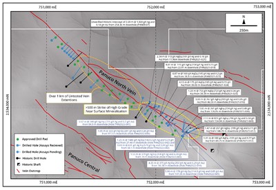 Figure 2: Map of the Panuco North Vein showing Zacatecas’ drill hole locations. Historical drill hole traces are also shown (black). The base of the map is a grey scale digital elevation model. New intercepts are shown in blue text. (CNW Group/Zacatecas Silver Corp.)