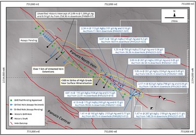 Figure 1: Map of the Panuco North Vein showing the Company’s drill hole locations. Historical drill hole traces are also shown (black). The base of the map is a grey scale digital elevation model. (CNW Group/Zacatecas Silver Corp.)