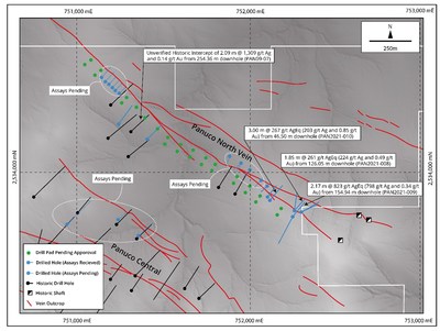 Figure 1: Map of the Panuco North Vein showing the Company’s drill hole locations. Historical drill hole traces are also shown (black). The base of the map is a grey scale digital elevation model. (CNW Group/Zacatecas Silver Corp.)