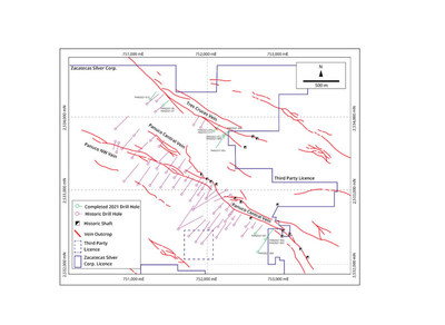 Figure 1: Map of Panuco showing Zacatecas 2021 diamond drill holes and drill hole traces (green), historical drill traces (purple), and vein outcrop. The 13 angled diamond drill holes completed by Zacatecas are shown green. Where multiple holes were drilled in the line of one section — they will show as a single drill trace. (CNW Group/Zacatecas Silver Corp.)