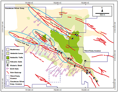 Figure 01: Geological map of Panuco showing historical drill traces. Priority drilling areas are shown blue. The Panuco NW Vein, Panuco Central vein and Tres Cruces veins have never been effectively drill tested — despite significant surface trench geochemistry. The flexure in the Panuco Central vein is also targeted. The system is open at depth. (CNW Group/Zacatecas Silver Corp.)