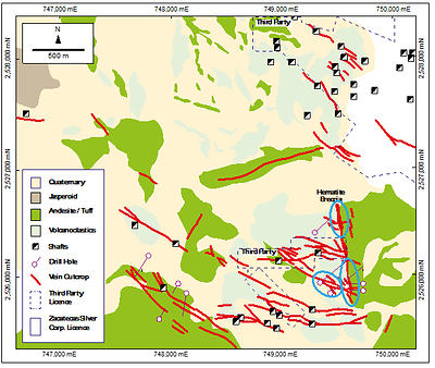 Figure 02: Geological map of San Gill Breccia showing historical drill traces. Priority drilling areas are shown blue. (CNW Group/Zacatecas Silver Corp.)