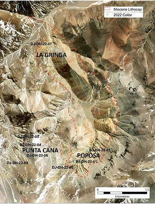 Figure 2. Location of drill holes from current campaign at the Don Julio Project at La Gringa, Poposa, and Punta Cana targets. The red polygon outlines the extension of the Miocene lithocap. (CNW Group/Sable Resources Ltd.)