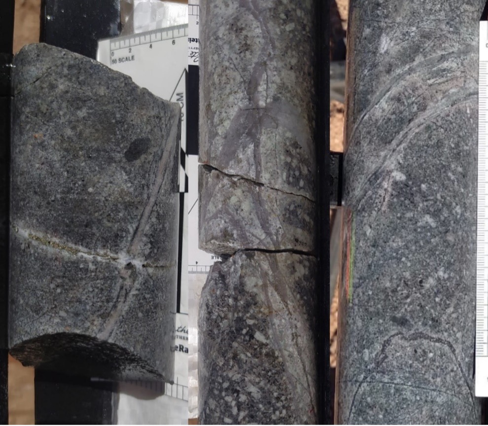 Figure 5. Examples of early porphyry veinlets cutting diorites with potassic alteration intercepted in holes 1, 2, and 3 from La Poncha North. (CNW Group/Sable Resources Ltd.)