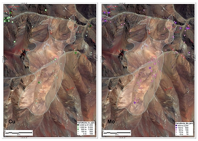 Figure 3. Surface expression of Cu and Mo over the phyllic zone of the Pyros porphyry. Molybdenum is extensively anomalous with multiple values >50 ppm Mo and some >100ppm Mo. Copper has been leached from the phyllic zone but it shows values up to 0.2% Cu in a small erosional window of the Miocene diorite porphyry (CNW Group/Sable Resources Ltd.)