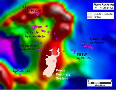 Figure 1. Outline of the quartz sericite alteration zone of the Pyros porphyry target showing the position of the most important polymetallic veins at El Fierro. The background is showing the regional RTP Mag (CNW Group/Sable Resources Ltd.)