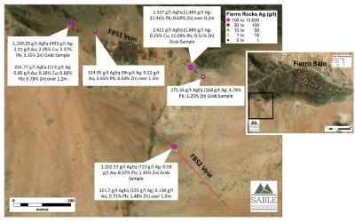 Figure 2. Location of new veins at Fierro Bajo South with highlighted results (CNW Group/Sable Resources Ltd.)