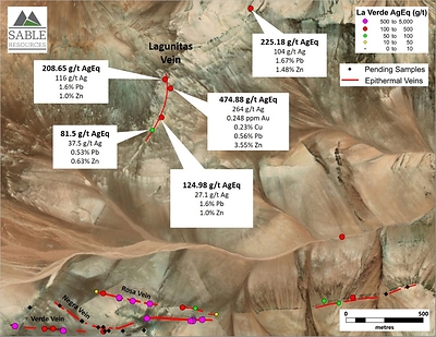 Figure 5. Distribution of AgEq values along the recently discovered Lagunitas Vein (CNW Group/Sable Resources Ltd.)
