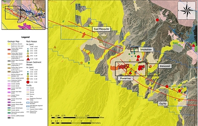 FIGURE 1 : Geologic map and locations of the western area prospects and anomalous gold assays from stream sediment and rock chip sampling. (CNW Group/Kore Mining)