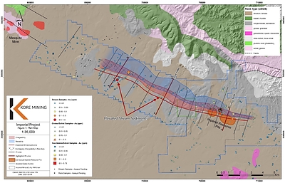 FIGURE 1: IMPERIAL GOLD CLAIMS WITH GEOPHYSICAL INTERPRETATION AND SOIL DATA (CNW Group/Kore Mining)