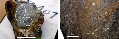 Fig. 1: Sample BM-07: Big Mike High-Grade VMS Mineralization – 17.48% Copper, 0.20% Cobalt 
(“cp” = Chalcopyrite, “cc” = Chalcocite, “py” = Pyrite) (CNW Group/Nevada Sunrise Metals Corporation)