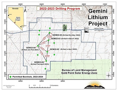Figure 2: Gemini Lithium Project Borehole Locations, April 2023 (CNW Group/Nevada Sunrise Gold Corporation)
