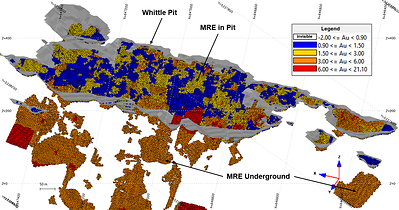 Figure 1 Isometric View Looking South-southeast Showing the Block Model of Granada Deposit Updated Mineral Resource by Grade, and its Whittle Pit (CNW Group/Granada Gold Mine Inc.)