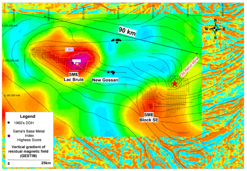 Figure 1: Lac Brulé Ni-Cu project, Province of Quebec,
Canada. Vertical gradient magnetics (left) and Ni showings/occurrences
in Québec (right).